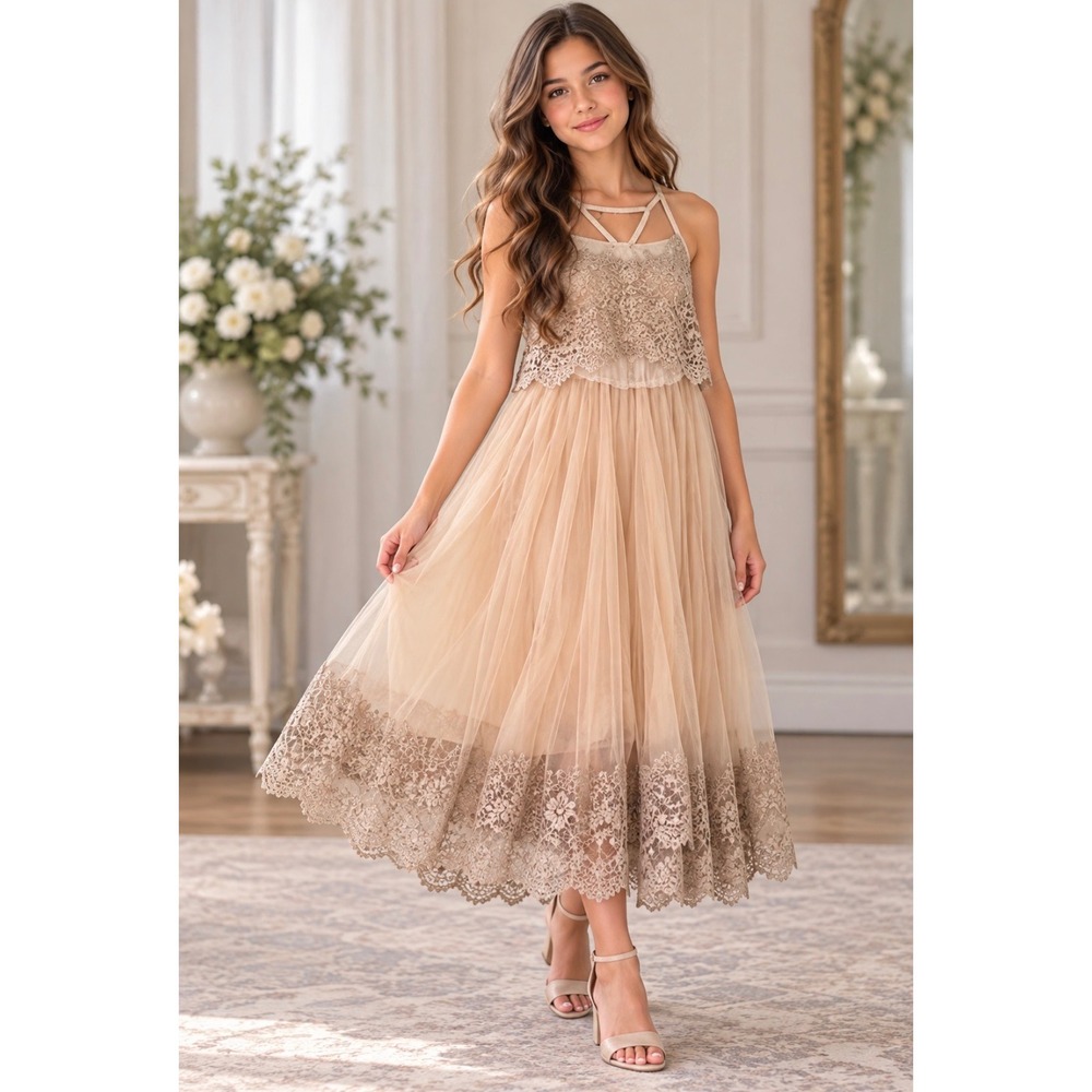 Phelfish Girls Tulle Lace Formal Nude Dress sheer overlay, gold trim Sz 15